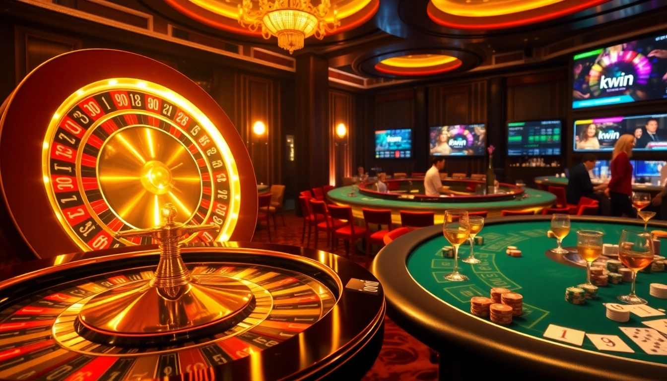 Kwin casino scene showcasing an exciting roulette wheel and elegant poker tables, capturing the thrill of gambling.