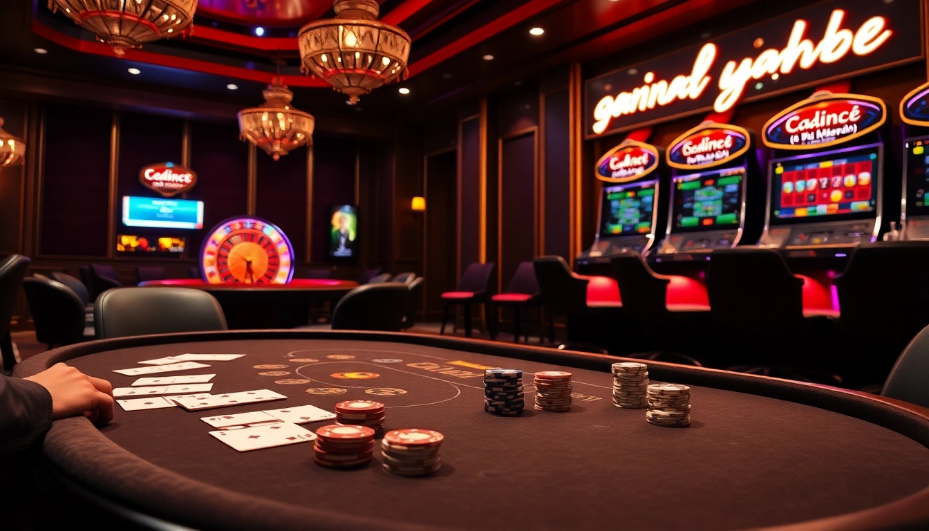 A strategic player engaging in game bài đổi thưởng at an upscale casino table, surrounded by vibrant slot machines and roulette.