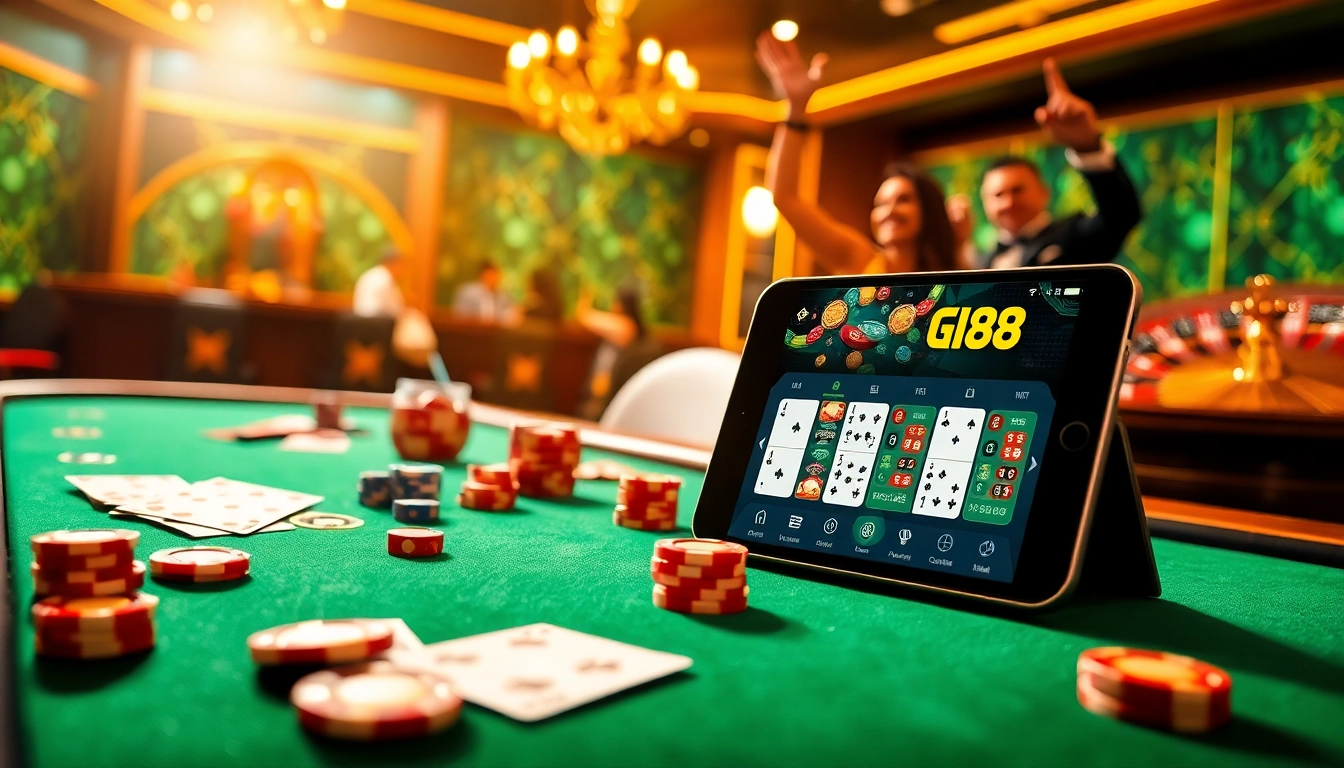 Experience the thrill of online gambling with Tải GO88 on your device, showcasing vibrant casino elements.