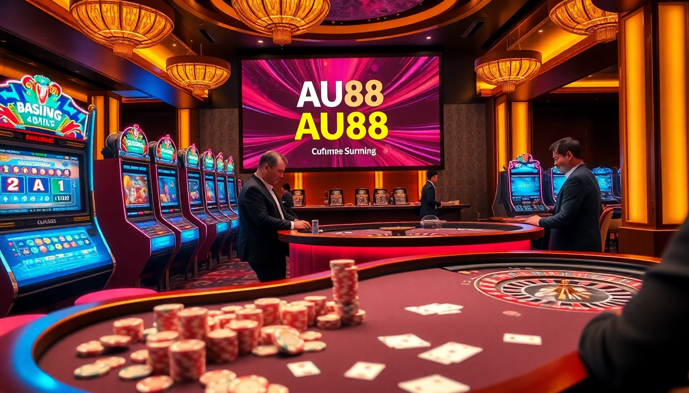 AU88 casino scene featuring vibrant slot machines and professional dealers.
