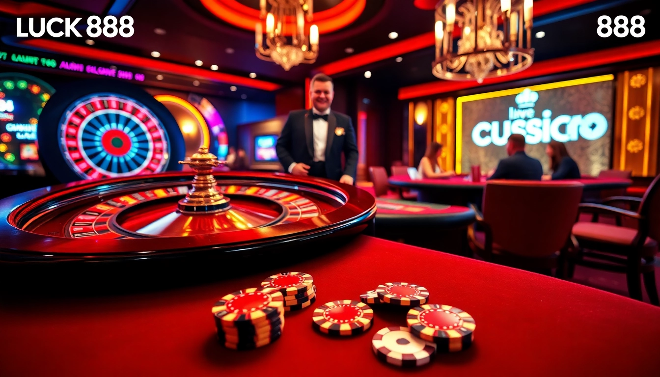 Experience thrilling gameplay at LUCK888 with poker chips and a roulette wheel in a vibrant casino.