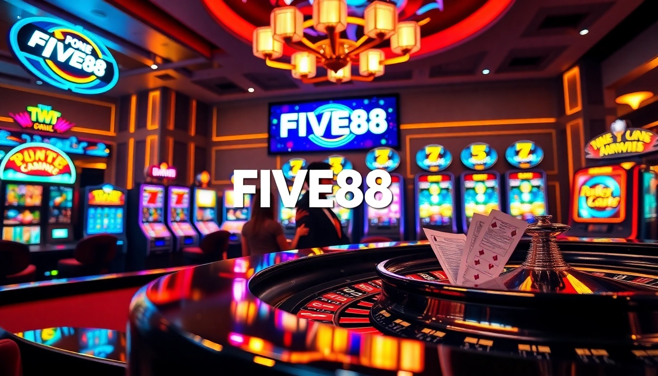 Engage with the thrill of FIVE88 casino, featuring vibrant tables, chips, and slot machines in a luxurious setting.