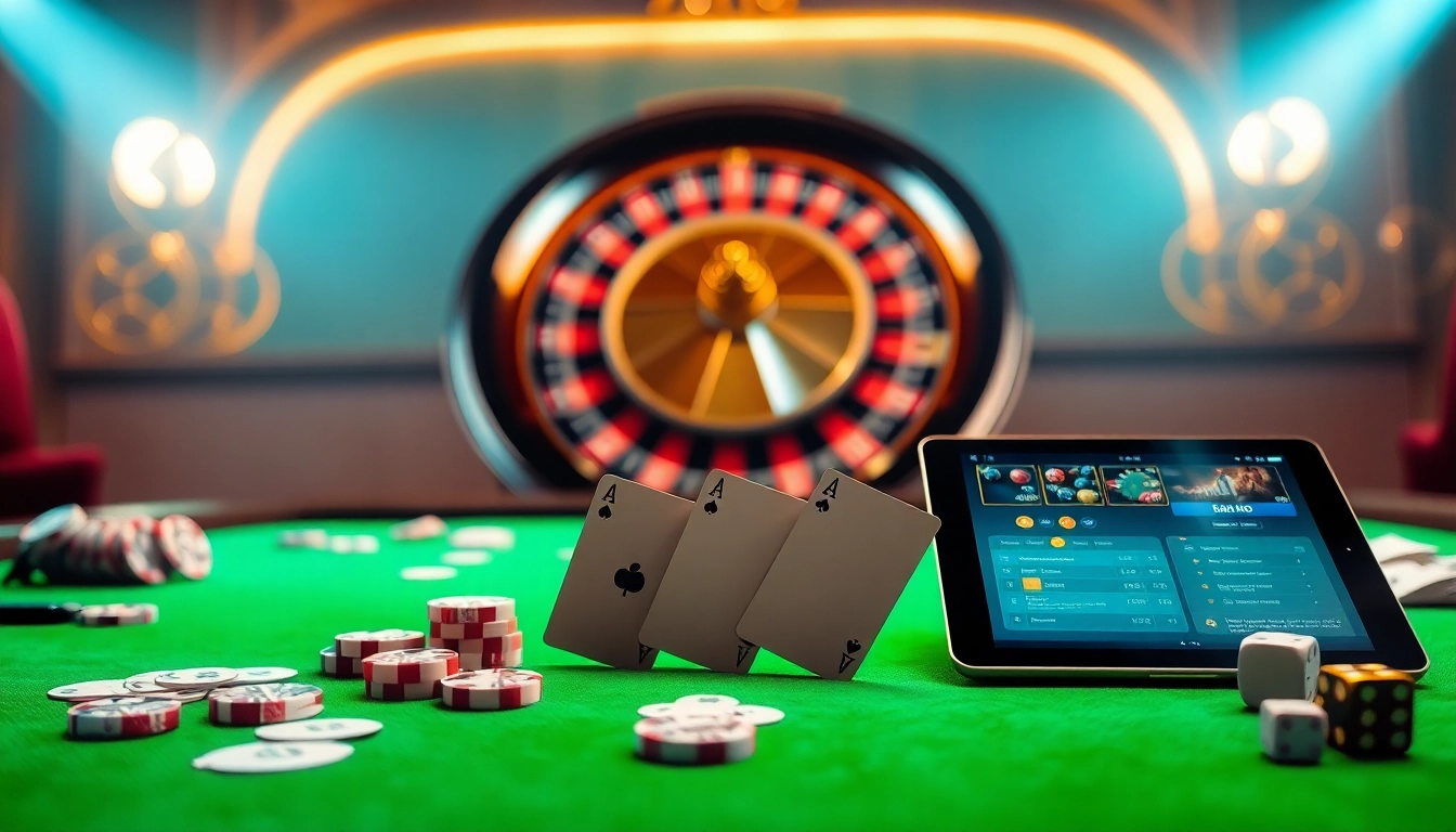 Experience the thrill of Fb88 with vibrant casino tables, poker chips, and immersive online gambling experiences.
