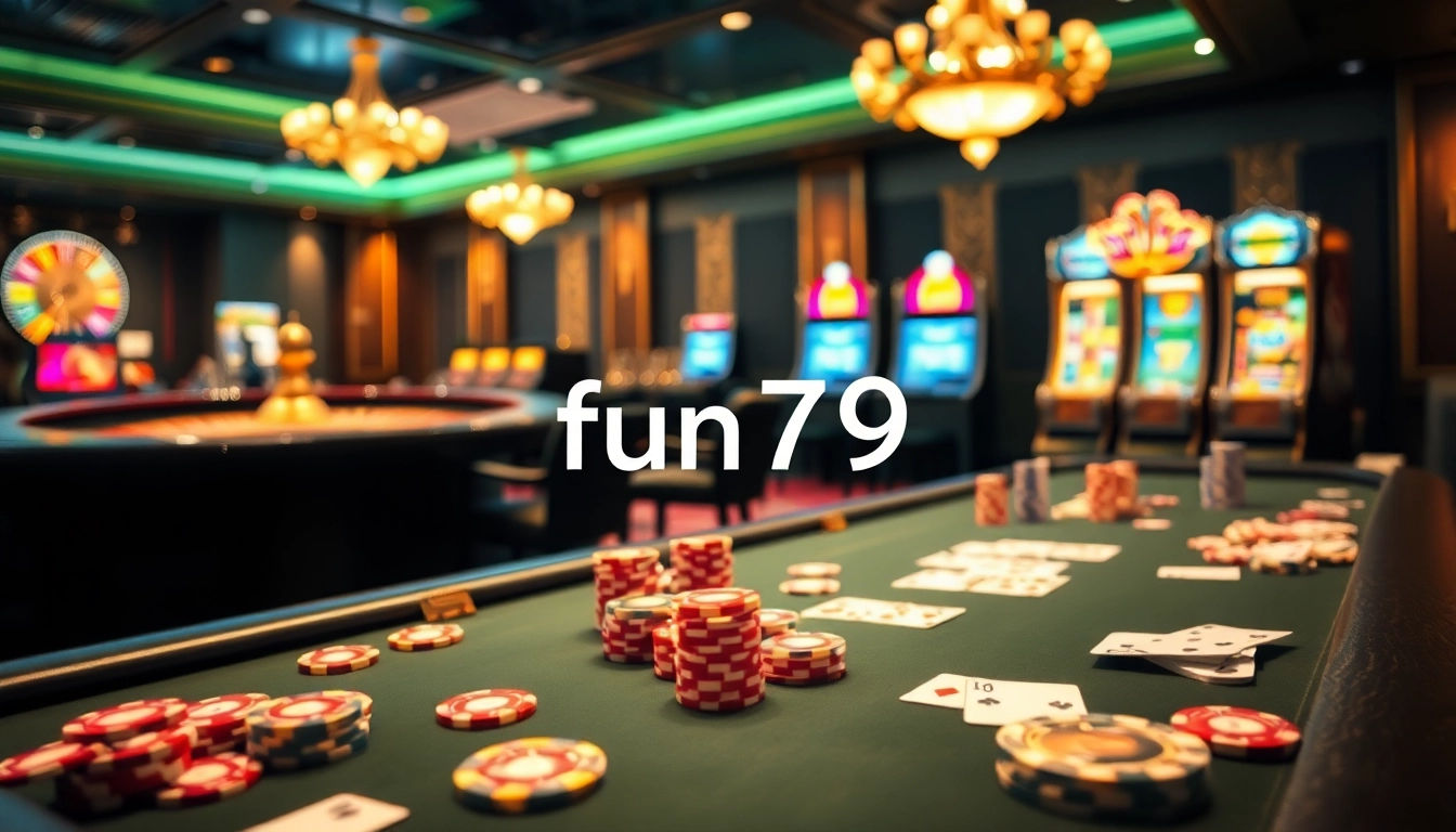 Engage with fun79 in a vibrant casino atmosphere filled with poker chips and slot machines.