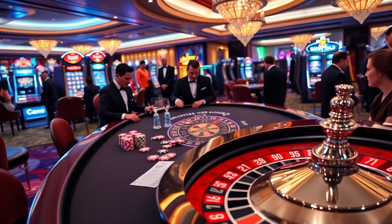 High-stakes gaming at Good88 casino with vibrant slot machines and an elegant blackjack table.