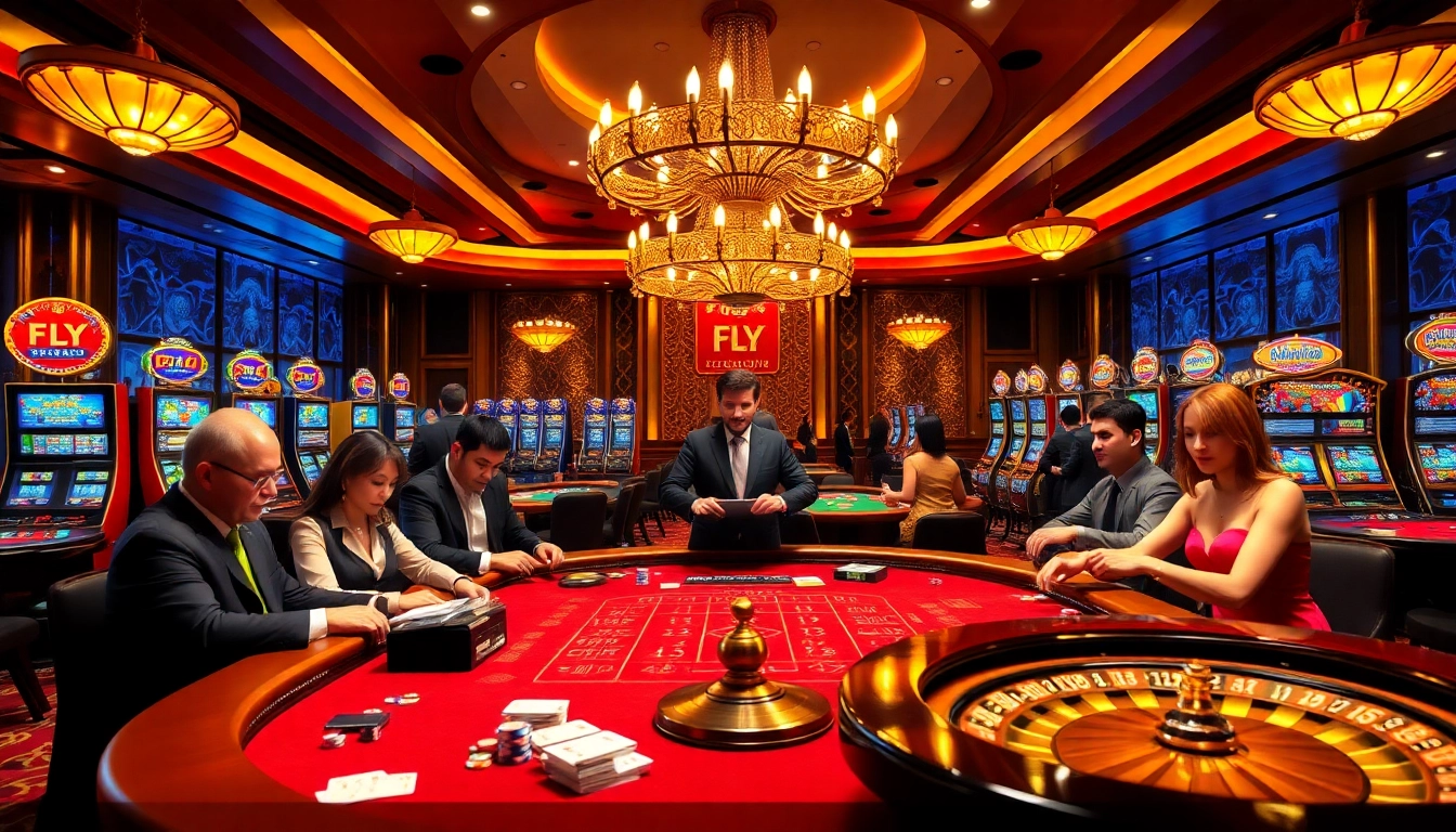 Experience the excitement at FLY 88's luxurious casino tables filled with vibrant poker chips and players in action.