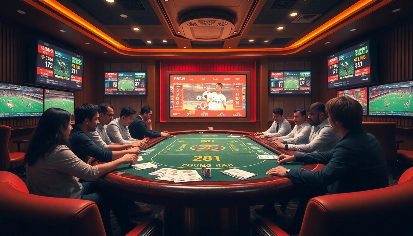 Kèo Bóng Đá betting scene showcasing excited gamblers at a luxurious casino table with live match screens.