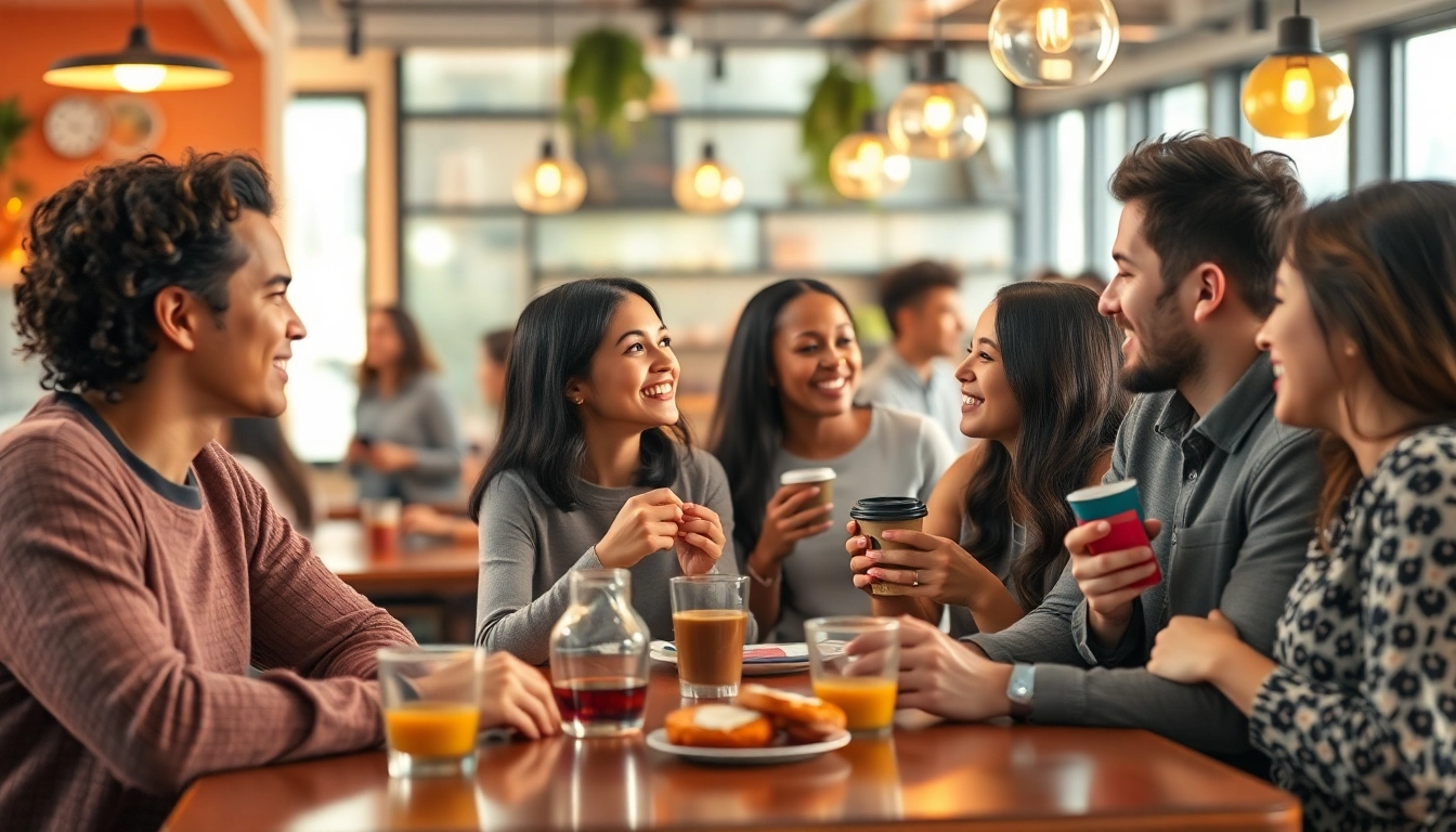 Couples and singles connect in a warm cafe, reflecting the inclusive spirit of OKFUN.