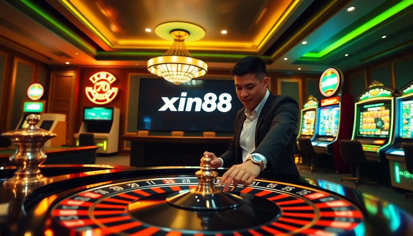 Players enjoying an exciting online casino experience at xin88, showcasing vibrant slot machines and poker chips.