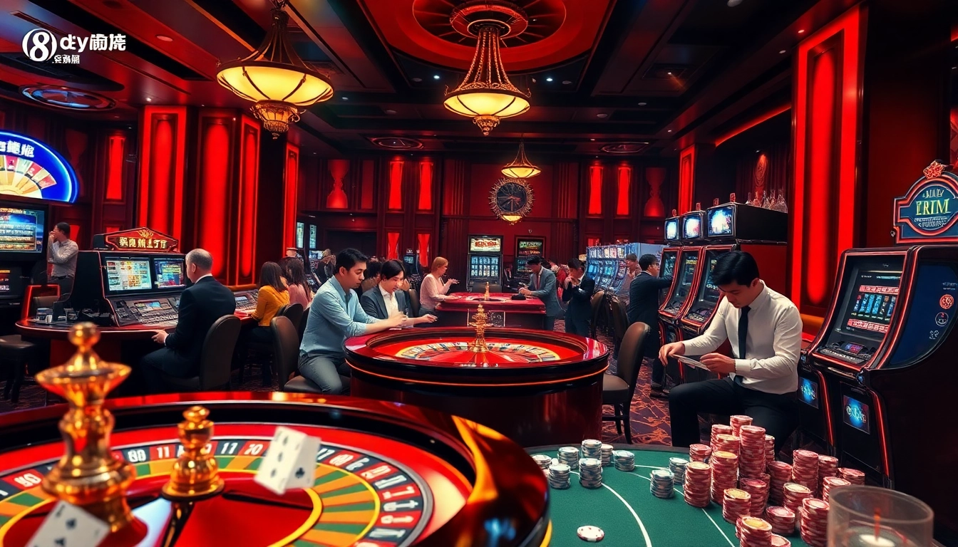 A dynamic casino scene capturing players at 8day.cn.com engaging with roulette, poker, and slot machines.