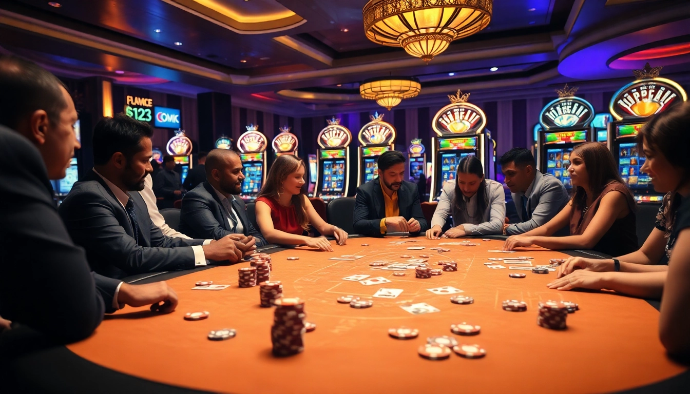 Exciting gambling action at https://okkingok.net/ with a vibrant poker game, colorful chips, and bright slot machines.