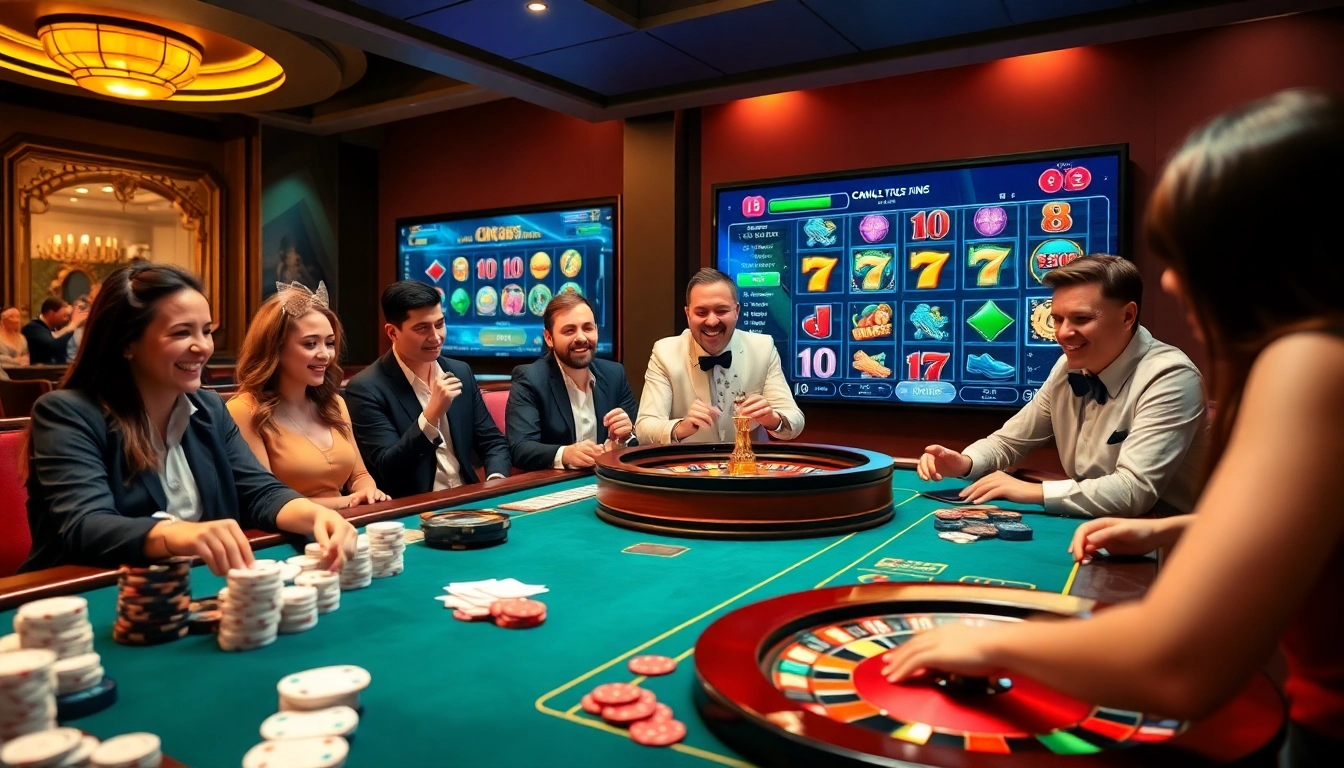 Players excitedly engage at the lavish OK365 casino table, showcasing beautiful poker chips and colorful cards.