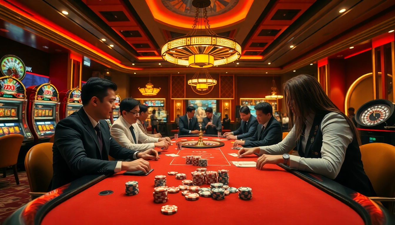 Engage the thrill of casino gaming with OKKING poker chips and vibrant tables in a luxurious setting.