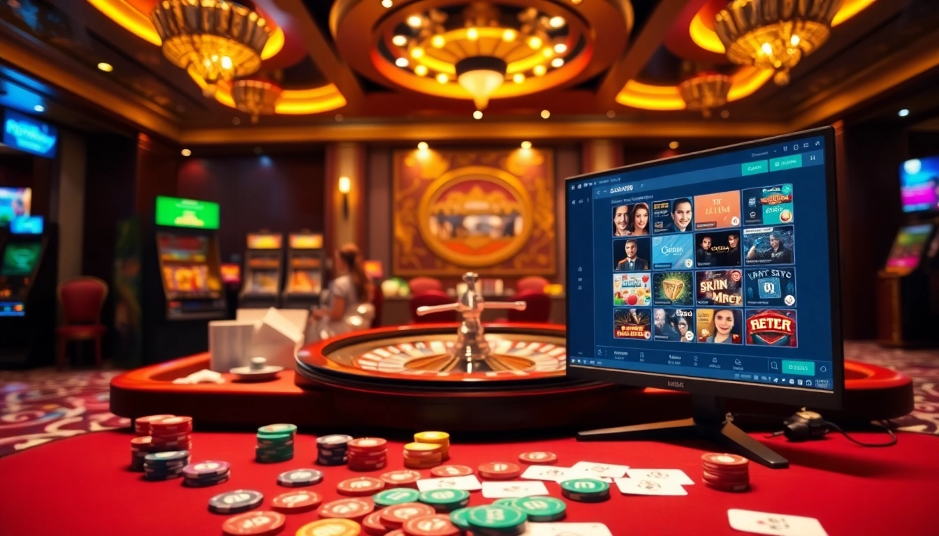 Engaging scene illustrating dn88 đăng nhập with an online casino table, vibrant chips, and a roulette wheel.