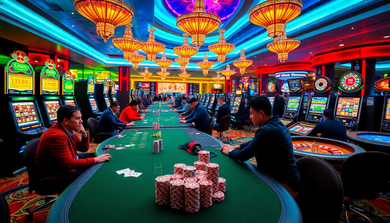 Experience thrilling gameplay at https://fly88r.net with an exciting casino scene featuring vibrant tables and players.