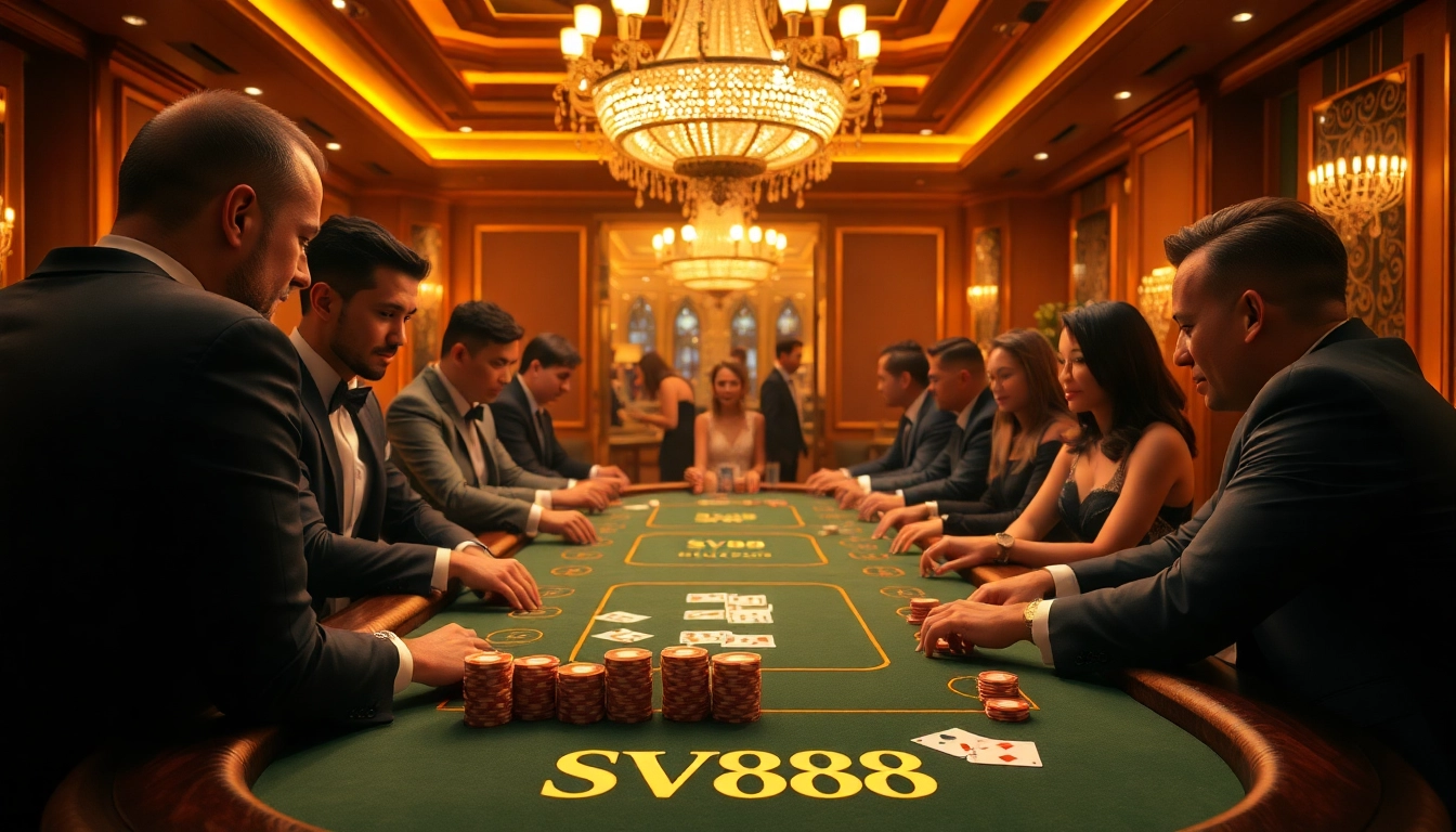 Players strategically engaging in a high-stakes poker game at an SV88-themed casino table.