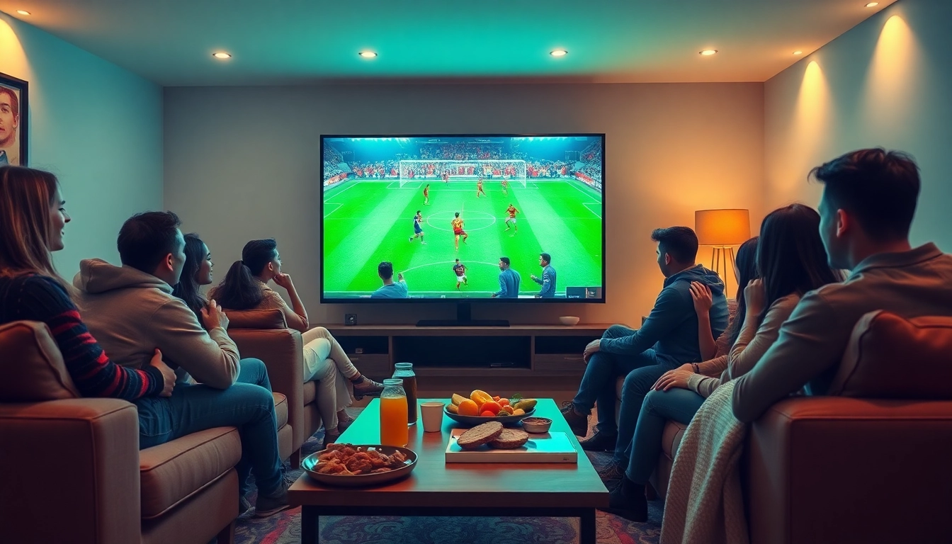 Watch live football matches on vaoluoitv.it.com with friends in a vibrant living room setup.