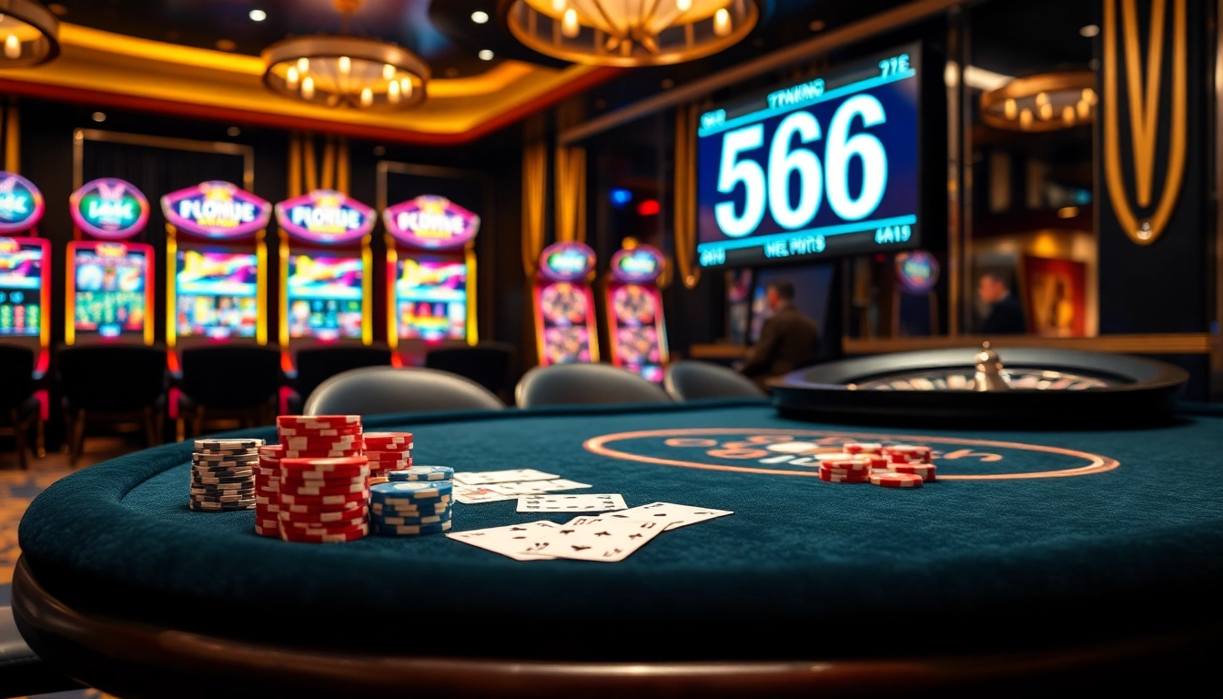 Engage with thrilling games at 566 Casino, featuring roulette wheels and colorful poker chips.