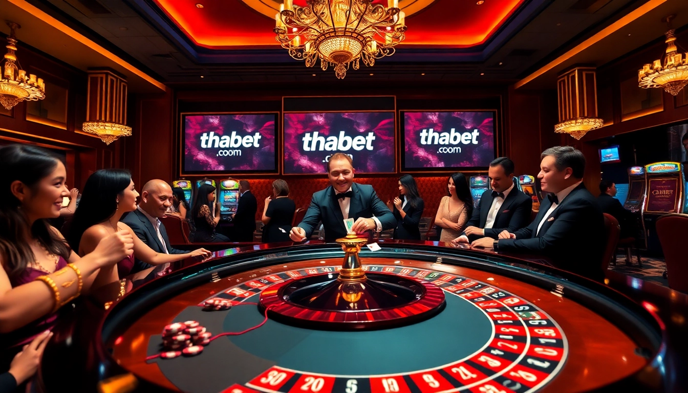 Engaging players at a luxurious roulette table depicting thabet com in a vibrant casino atmosphere.