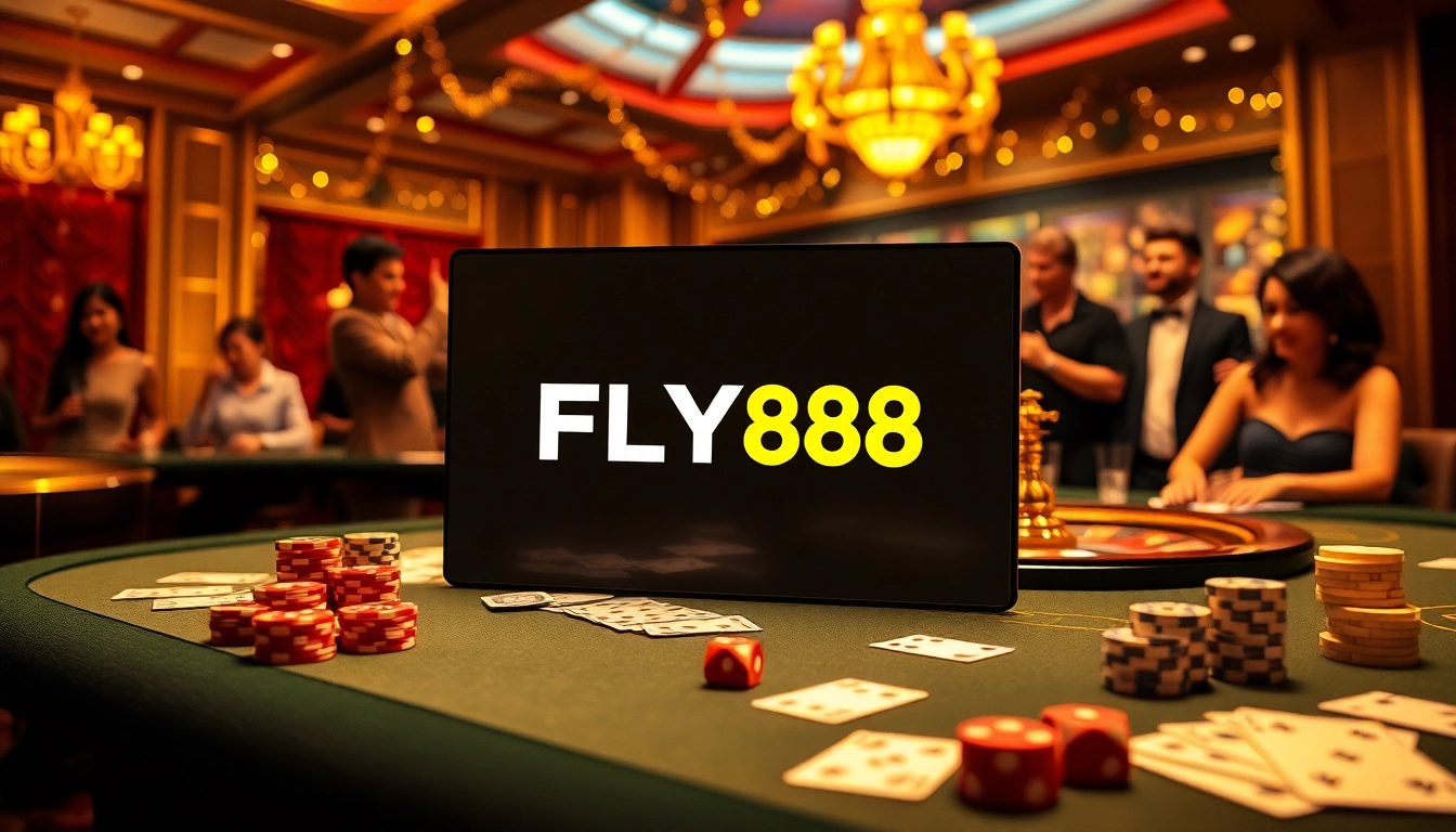 Experience the excitement of betting at trang chủ FLY88 with vibrant casino visuals featuring poker tables and roulette.