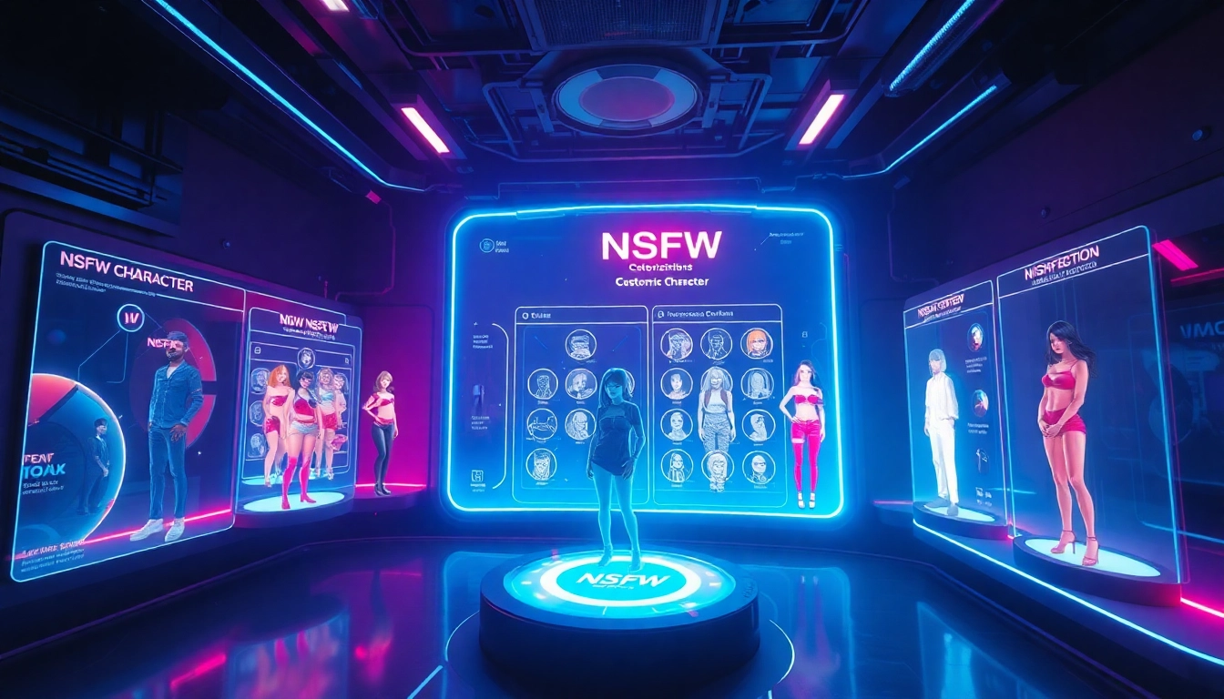 Engaging NSFW character AI interface with customizable digital avatars in a vibrant, neon-lit setting.