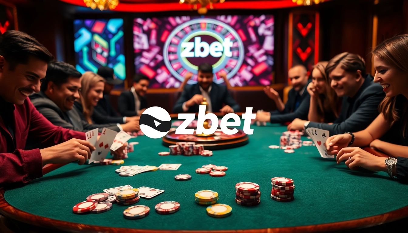 Players engaging in a thrilling poker game at zbet casino, surrounded by colorful chips and a roulette wheel.