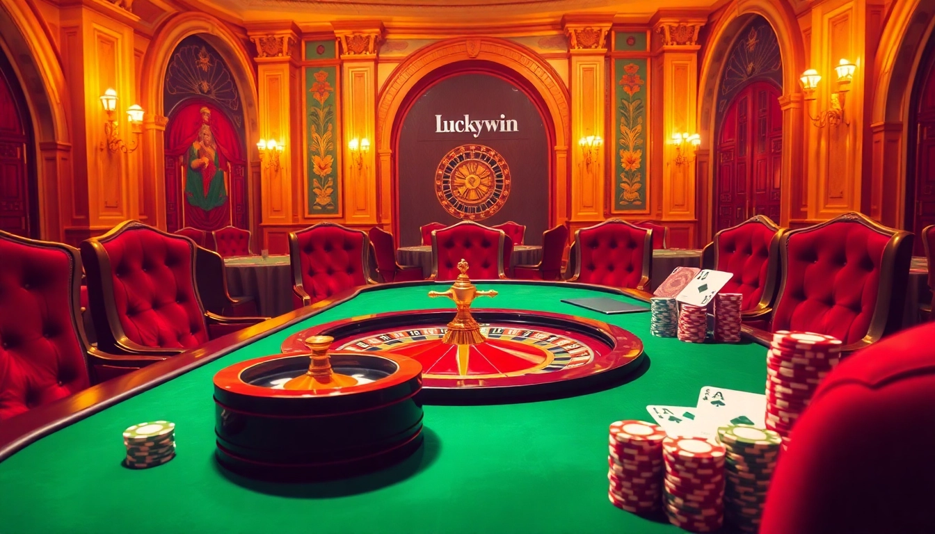 Players experiencing thrilling moments at a Luckywin casino table, showcasing poker chips and a roulette wheel.