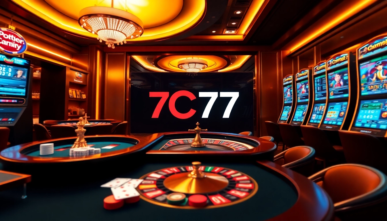 Exciting gaming experience at 7C77 online casino with poker chips, roulette, and slot machines.
