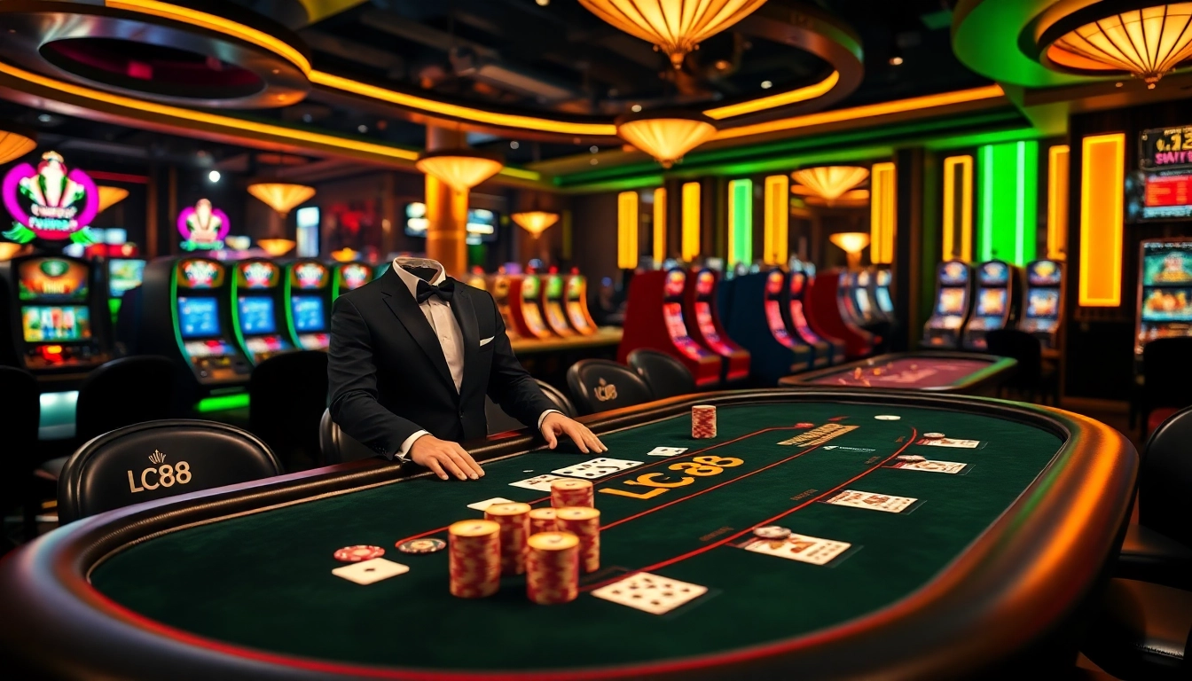 Experience the thrill of Lc 88 at a luxurious casino table with vibrant poker chips and cards.