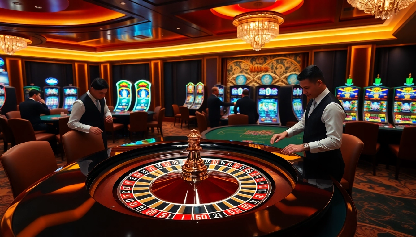 Experience the excitement at https://hm88.blue/ with a luxurious casino scene featuring roulette and slot machines.