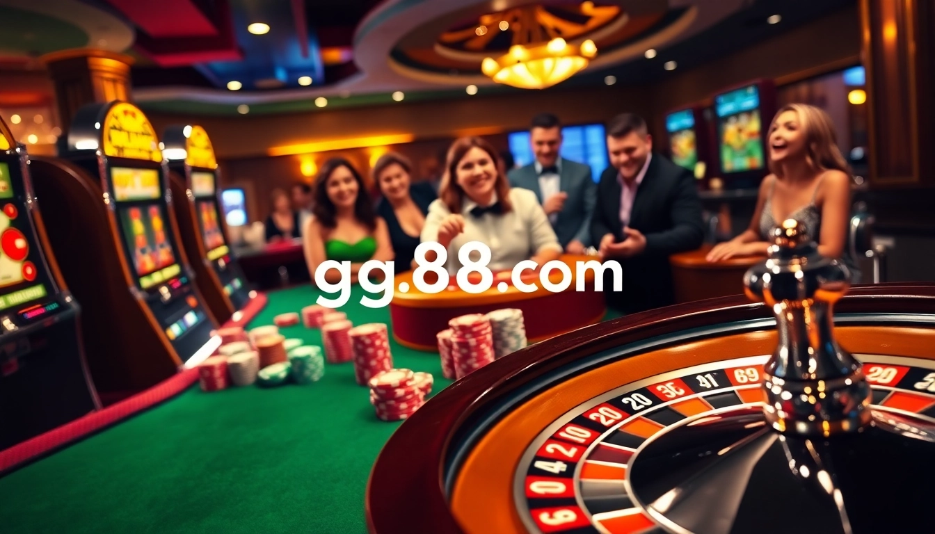 Excited players enjoying a thrilling gaming experience at gg88com casino, featuring roulette and poker tables.