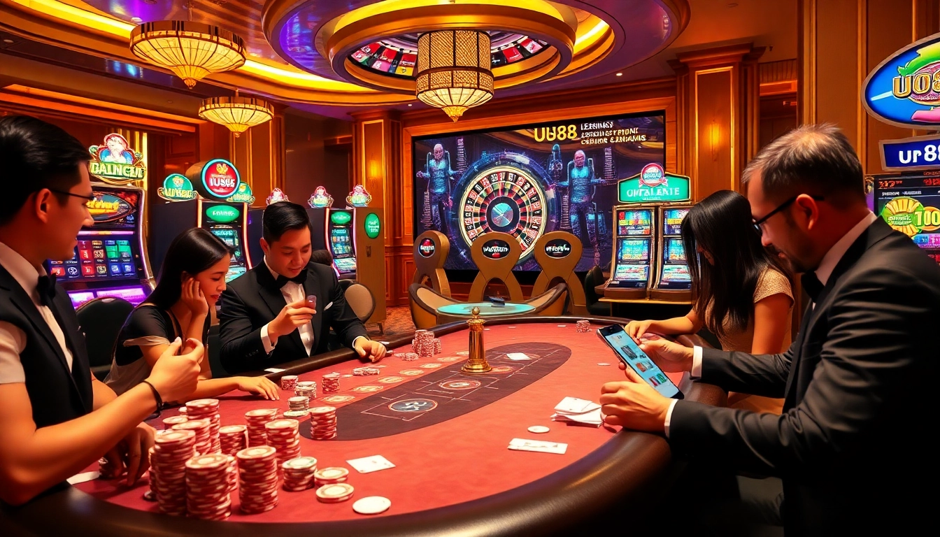 Excited players engage in a thrilling poker game at UU88 casino, surrounded by vibrant slot machines.