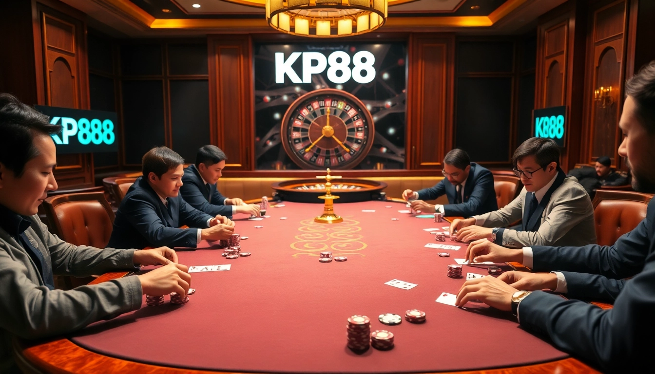 Experience thrilling poker action at KP88 casino table, showcasing excitement and professionalism.