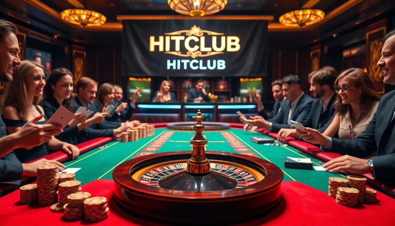 Intense poker action at the HITCLUB casino with colorful chips and eager players