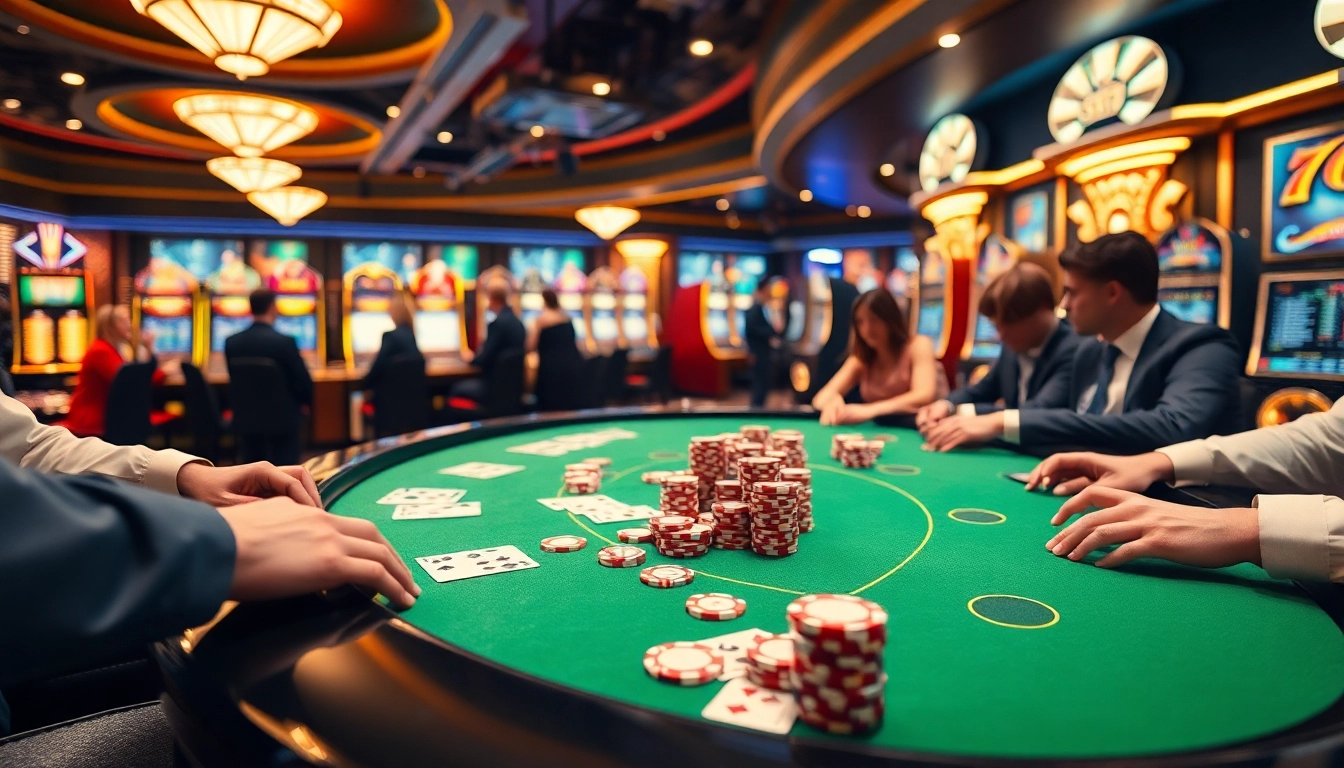 Experience the thrill of sports betting at FE BET in a vibrant casino scene with poker action and slot machines.
