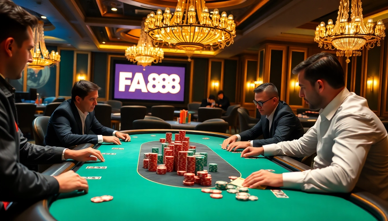 Players enjoying a high-stakes poker game at FA88 casino, showcasing excitement and strategy.