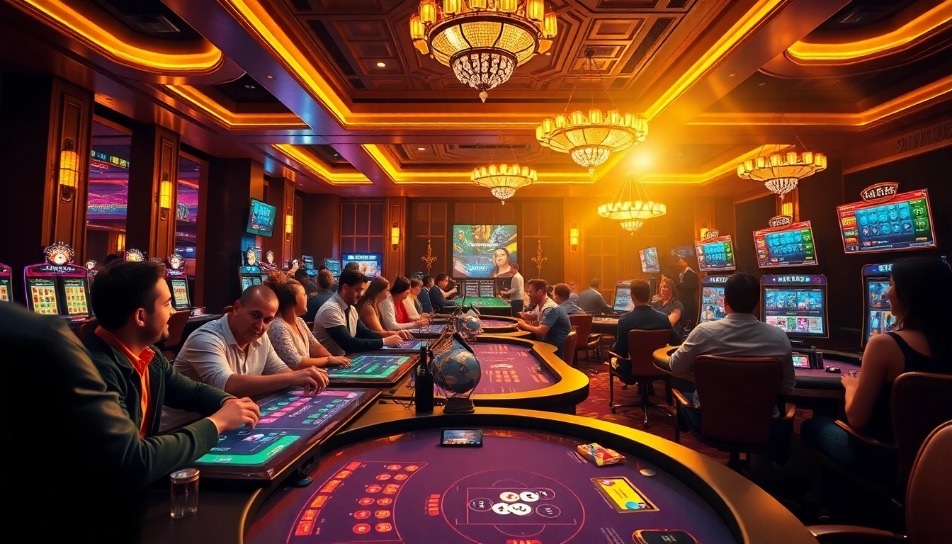 Exciting scene at nhà cái sun win featuring diverse players in a luxurious casino setting.