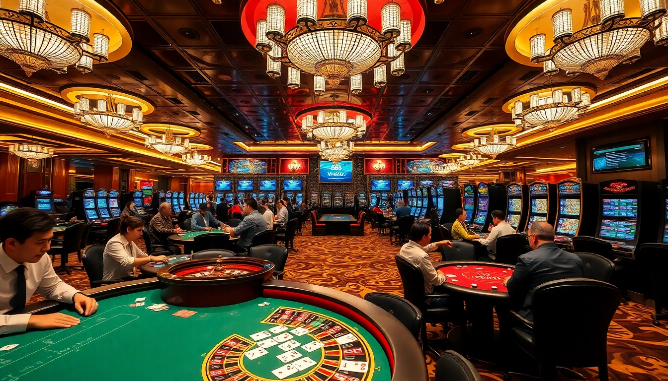 W88 players enjoying live casino action with cards, chips, and roulette wheels in vibrant setting.