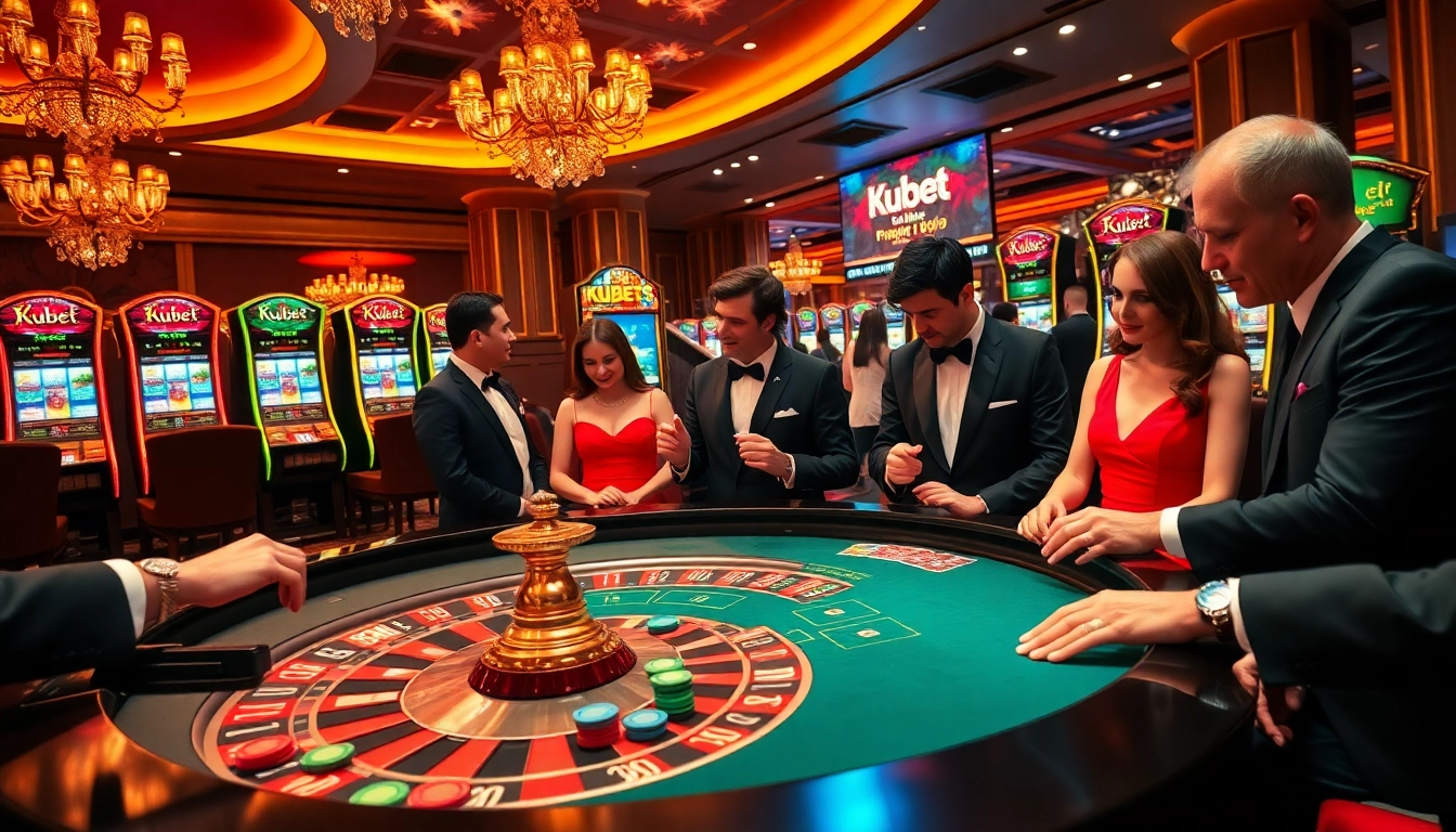 Kubet casino scene featuring players at roulette table with vibrant chips and cards.