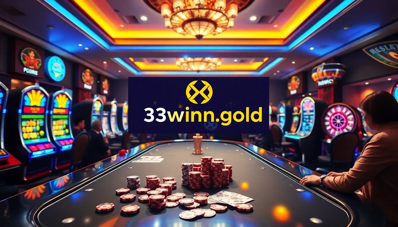 Experience the excitement of poker and slots at http://33winn.gold/ with this vibrant casino scene.