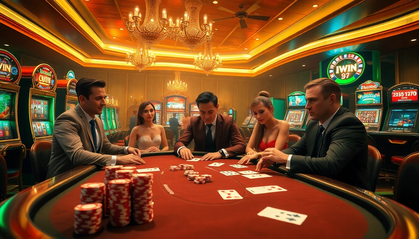 iwin poker game in a luxurious casino setting with engaged players and vibrant slot machines.