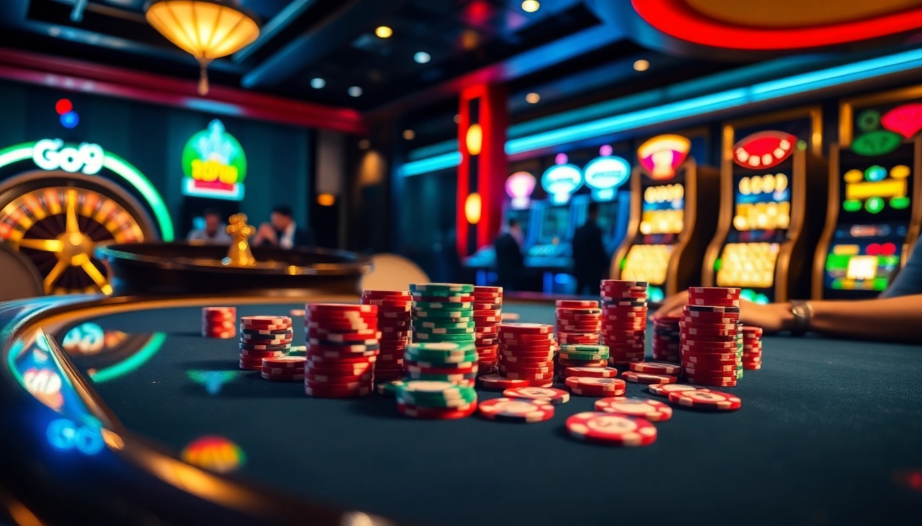 Exciting Go99 poker game scene showcasing vibrant chips and casino atmosphere.