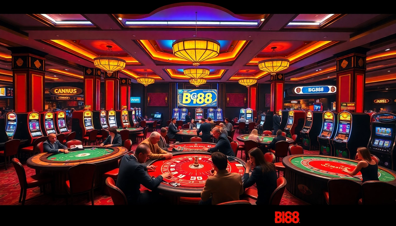 Big88 casino scene showcasing players at roulette and blackjack tables with vibrant colors and excitement.