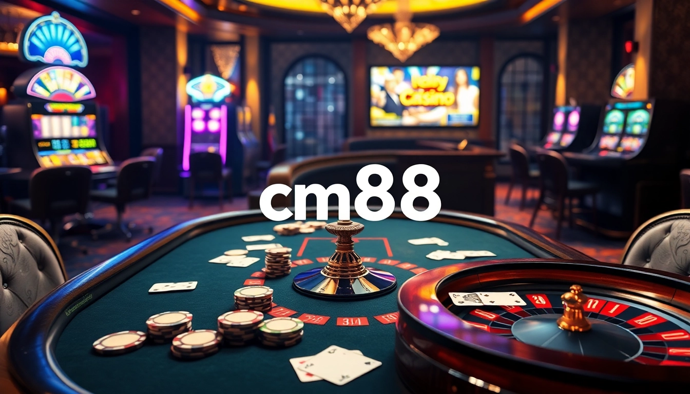 Exciting gaming action at a luxurious casino scene featuring cm88 poker tables and vibrant slot machines.