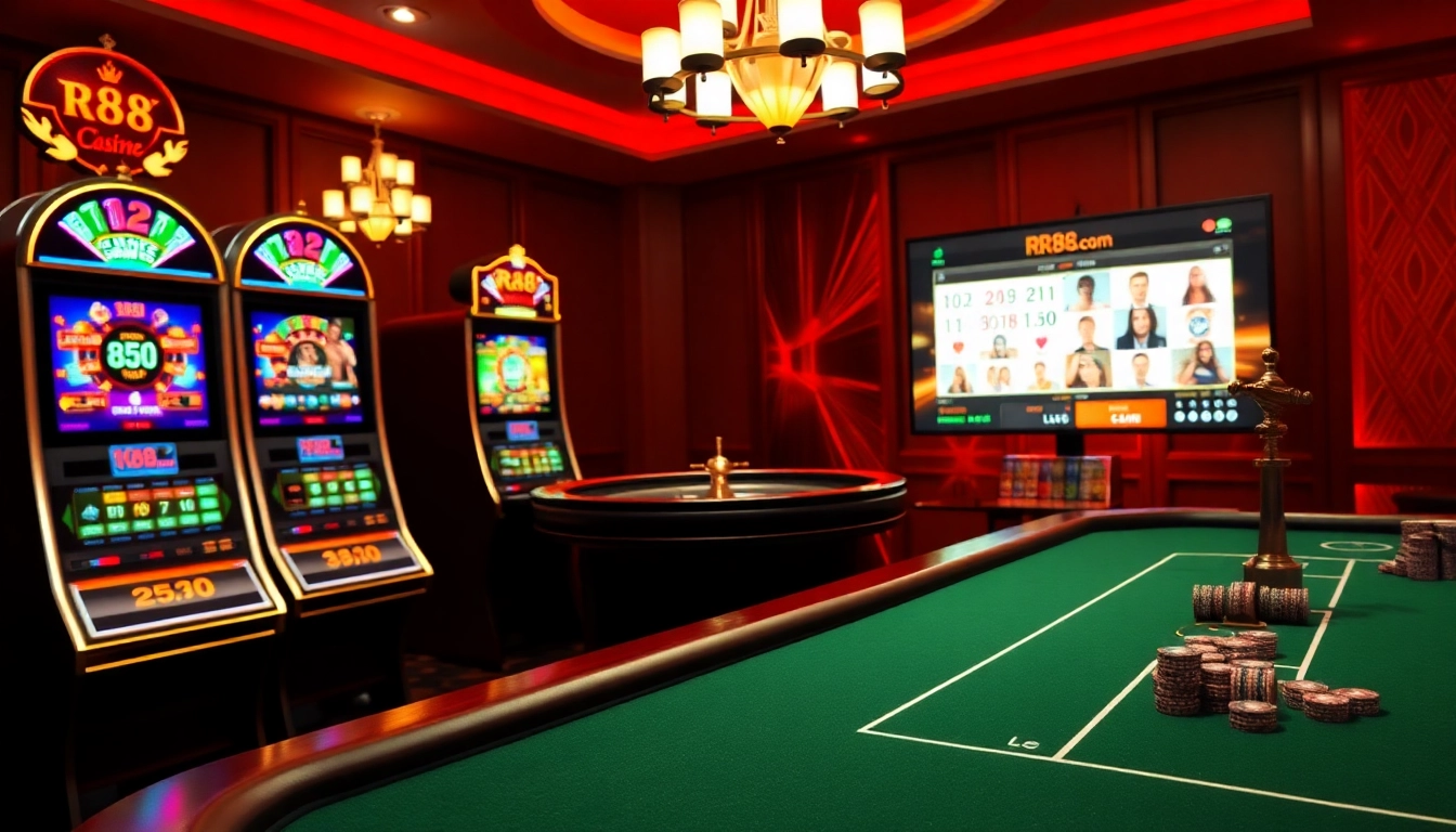 Experience thrilling online gambling on rr88.com with vibrant casino elements like slots and roulette.
