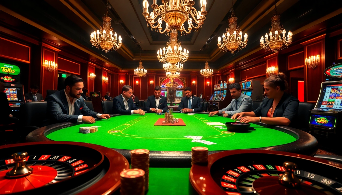 Fabet casino scene with poker players, roulette wheels, and slot machines in a vibrant setting
