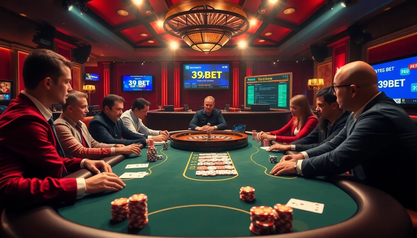 Players engaging intensely in a high-stakes game at 39BET poker table, showcasing excitement and strategy in gambling.