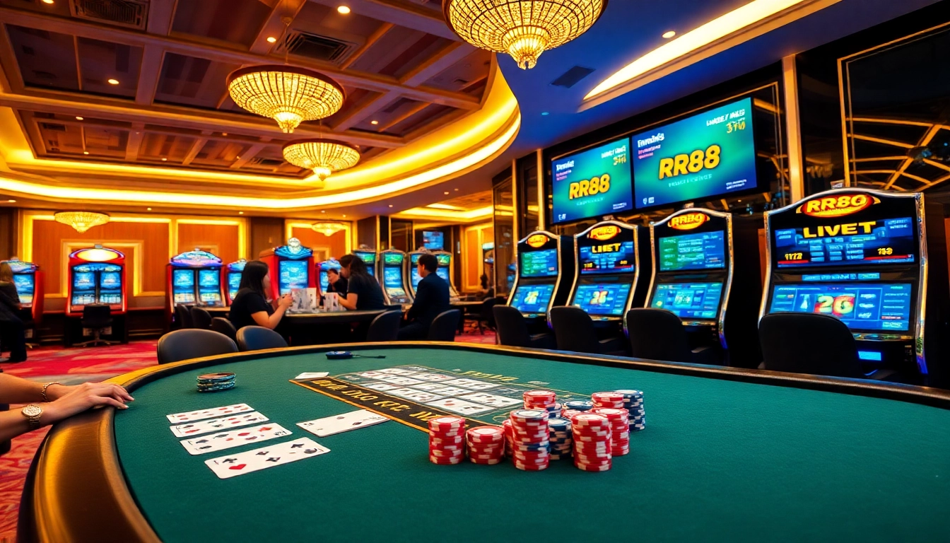 Experience thrilling gaming action at RR88 through immersive casino visuals featuring elite players and vibrant tables.