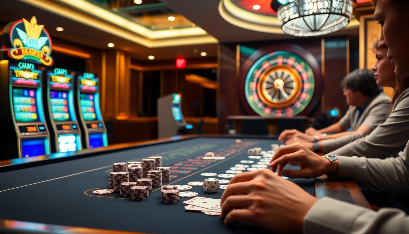 Players enjoying high-stakes gambling at GG88com, featuring poker chips and a roulette wheel.