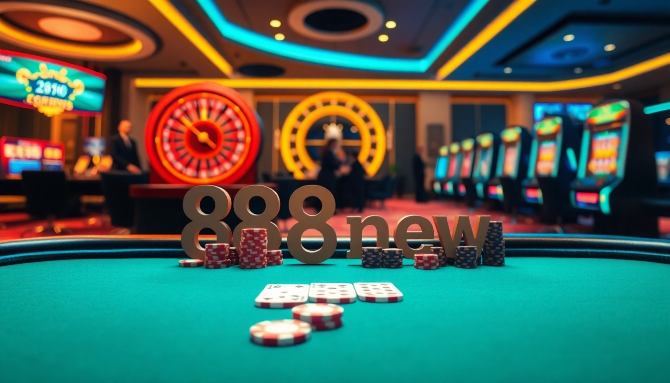 Experience the thrill of 888new with luxurious online gambling elements like poker tables and roulette wheels.